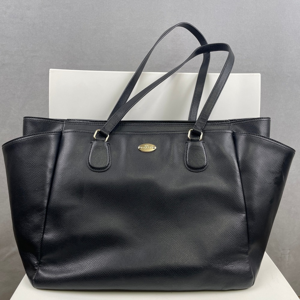 Coach Black Crossgrain Leather Taxi Tote Diaper Baby Bag Gold Luxury F35702 Read